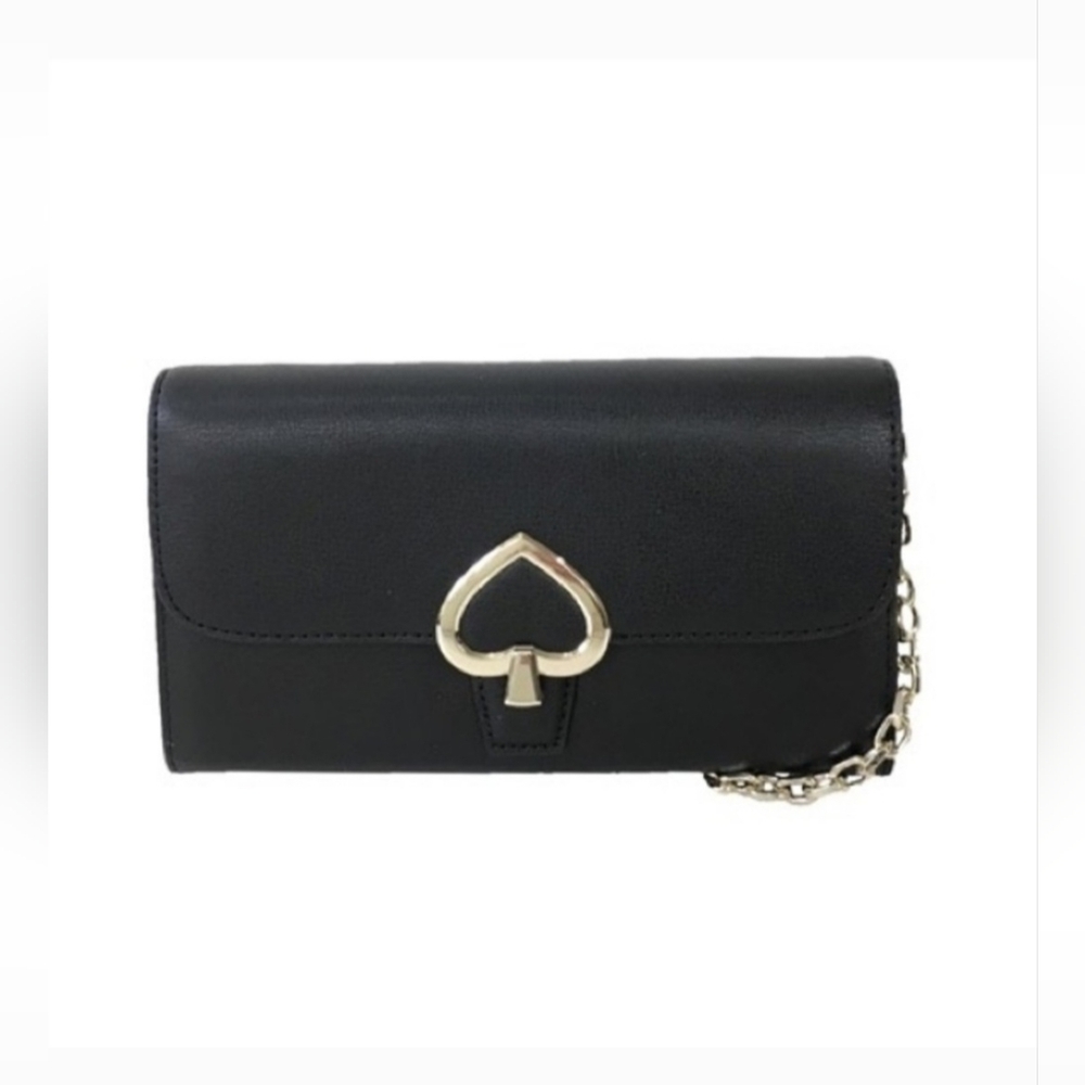 Kate Spade Black Robyn Chain Wallet Clutch Crossbody Evening Bag. Silver